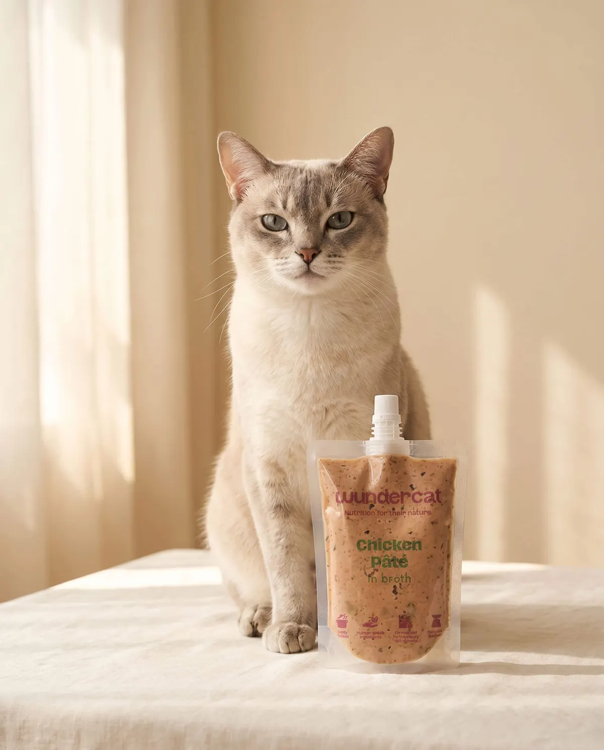 Cat sitting beside a Wundercat fresh-food pouch